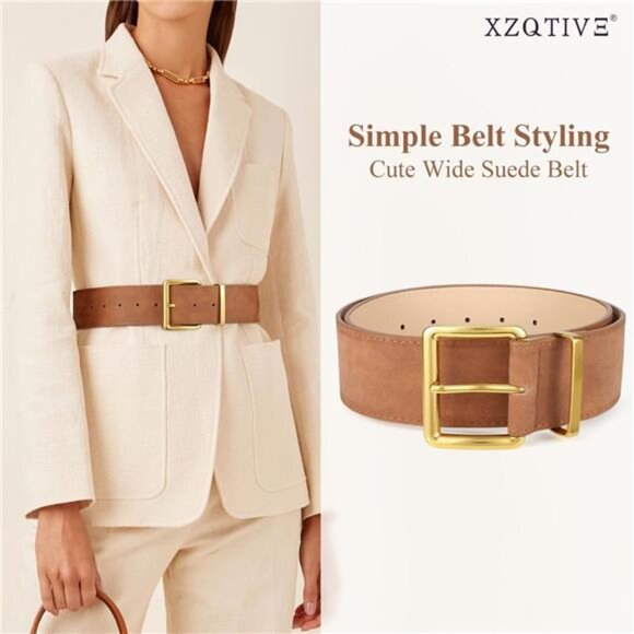 Womens Wide Chunky Suede Belt Thick Fashion Gold Buckle Dress Skirt Waist Access - Picture 4 of 6